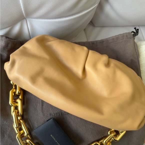 Bottega Veneta Handbags - Bottega Veneta Camel Leather Clutch with Gold Chain